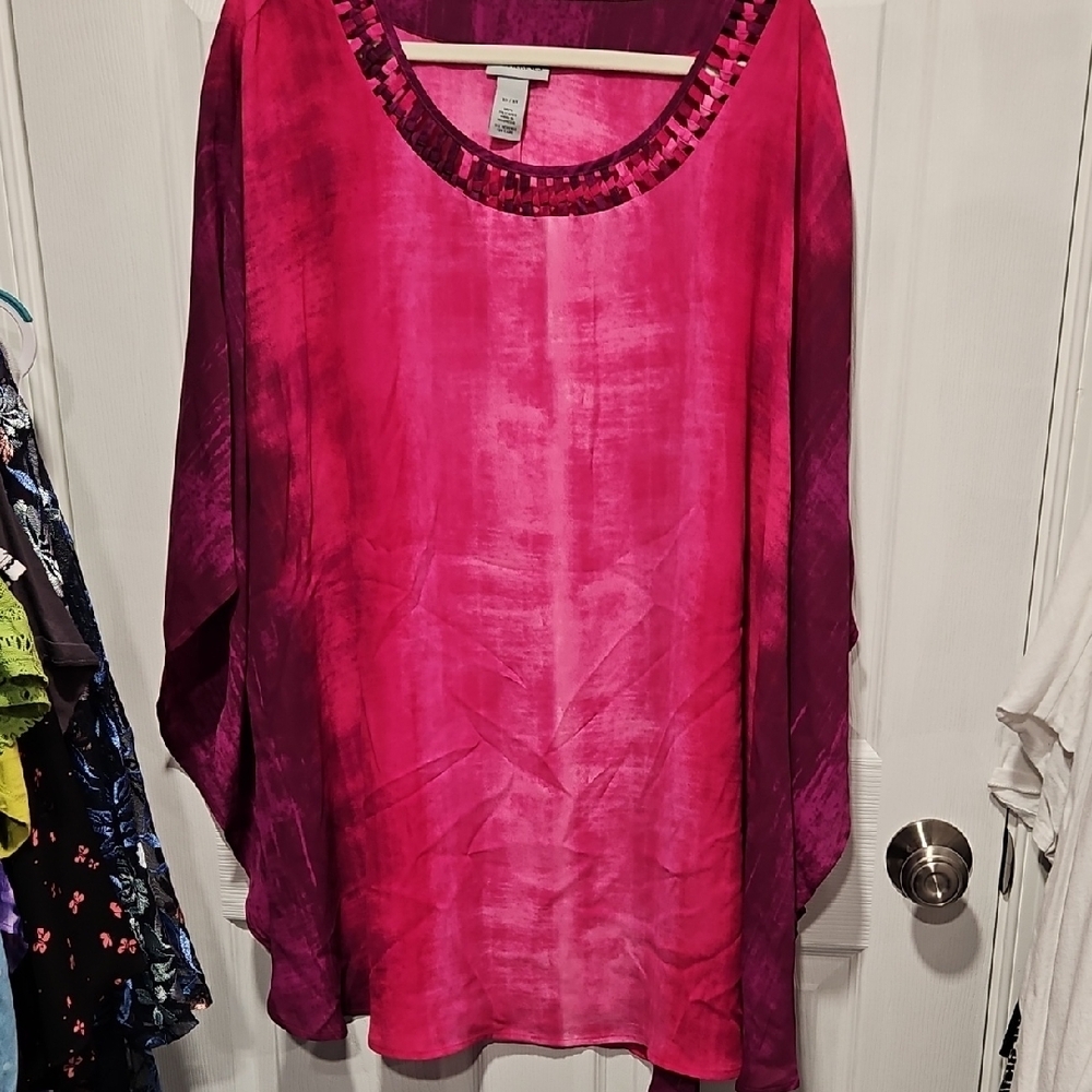 Catherines Fuchsia Blouse with Embellished Neckline